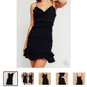 Olivaceous Smocked Ruffle Sleeveless Black Fitted Mini Dress